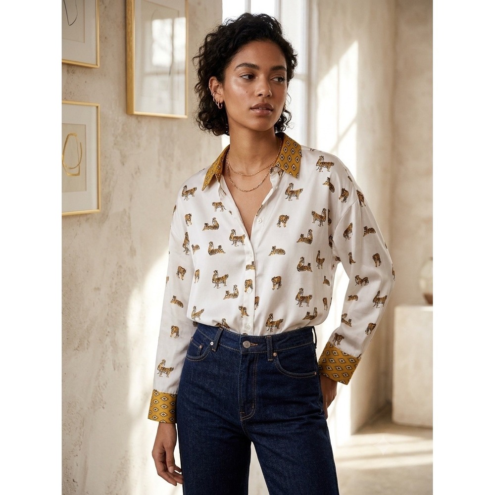 Zara Tiger Print Satin Button Down Shirt XL White Mustard Yellow Geometric Trim